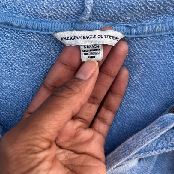 American Eagle Outfitters Women's Blue White Washed Lace-up Front Hoodie SZ S - Picture 4 of 14